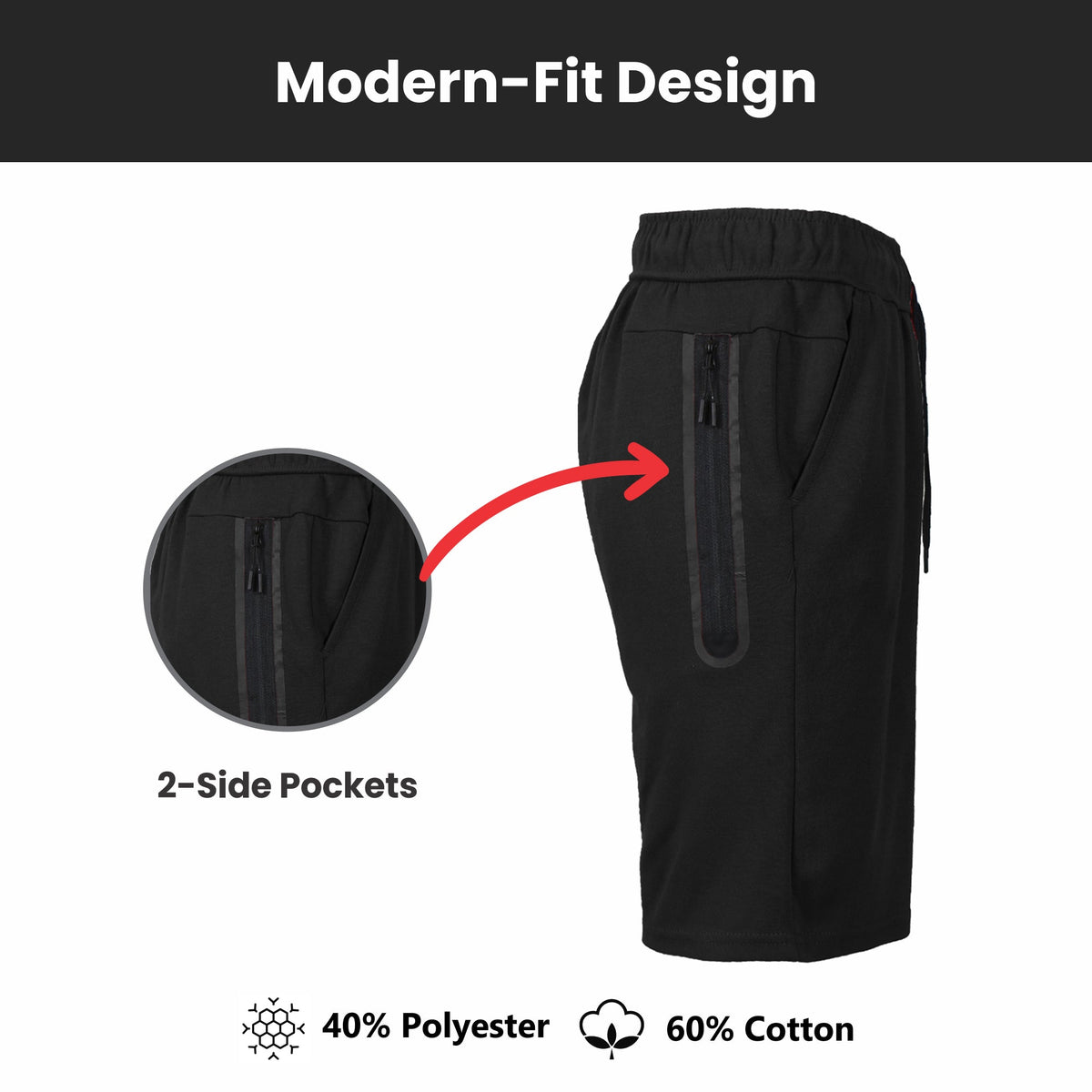 Men's 3-Pack Tech Fleece Performance Shorts With Heat Seal Zipper Pocket (Sizes, S-2XL)