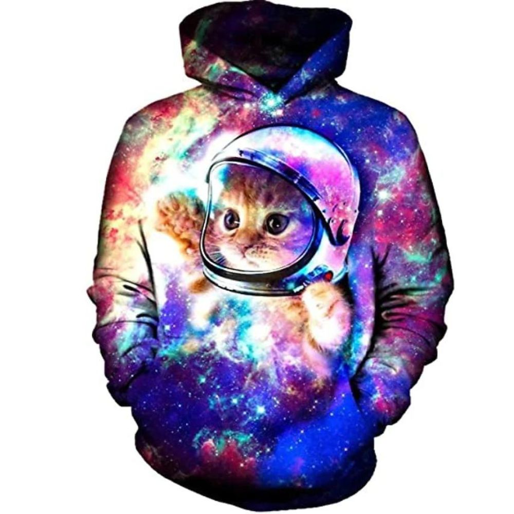 3D Graphic Printed Cotton Denim Blue Cat Hoodies